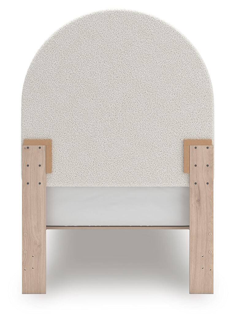 Arloster Twin Upholstered Panel Bed in Tan/White, back view