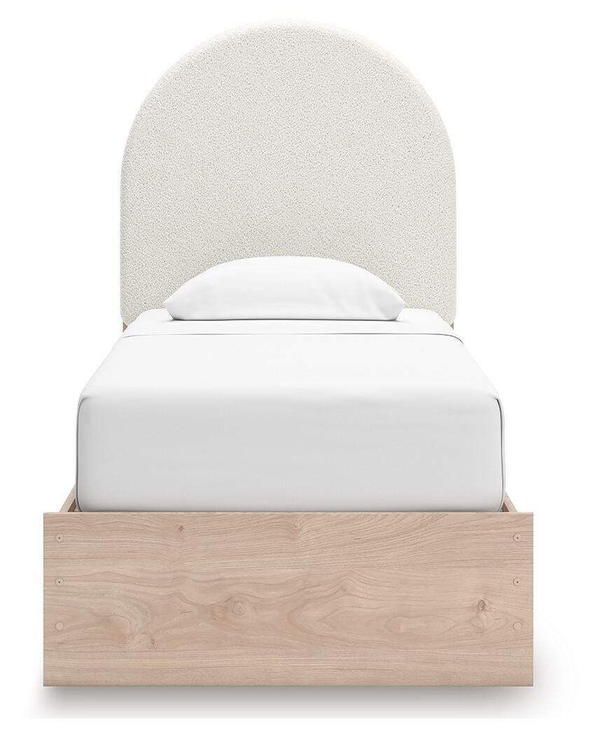 Arloster Twin Upholstered Panel Bed in Tan/White, front view