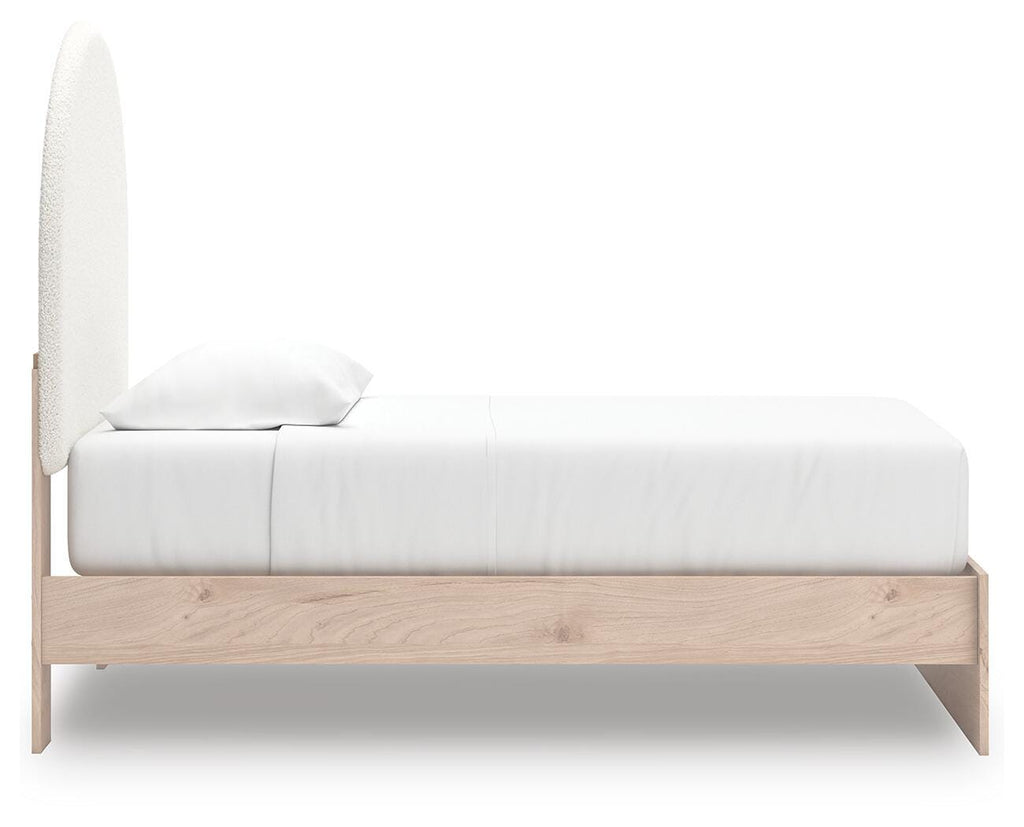 Arloster Twin Upholstered Panel Bed in Tan/White, side view