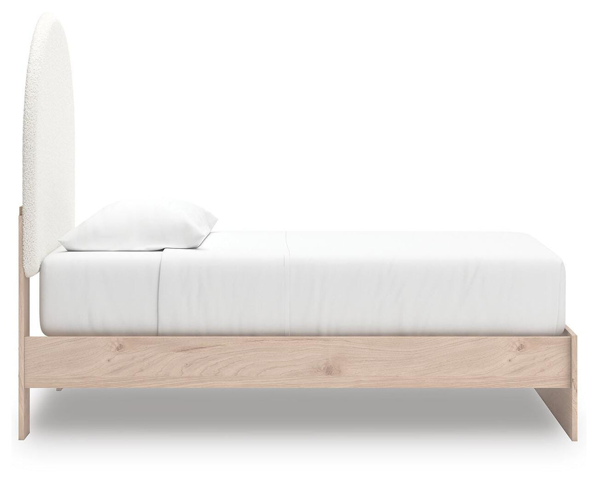 Arloster Twin Upholstered Panel Bed in Tan/White, side view