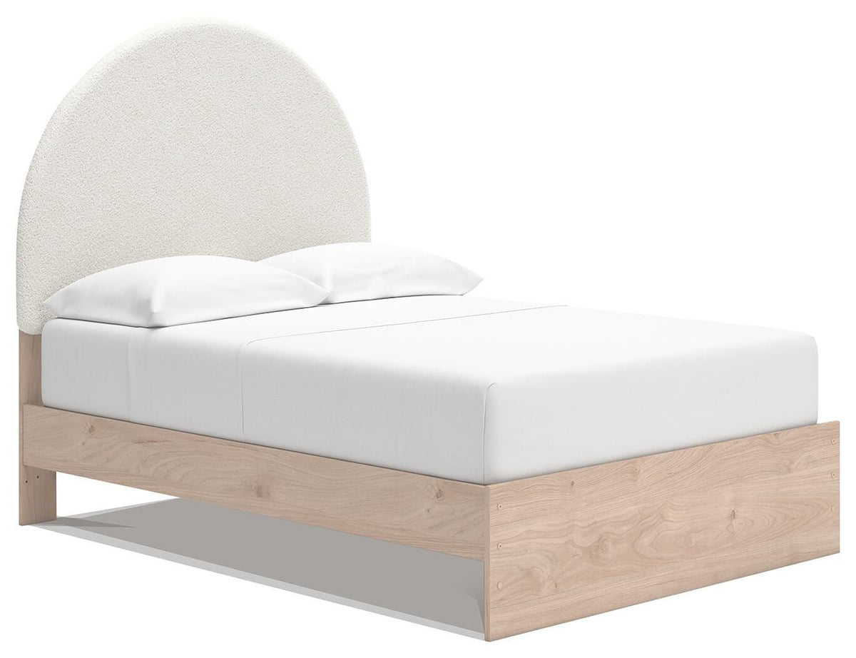 Arloster Full Upholstered Panel Bed in Tan/White, angle view