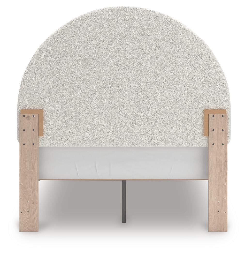 Arloster Full Upholstered Panel Bed in Tan/White, back view