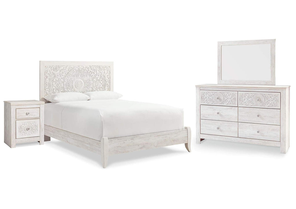 Paxberry Queen Panel Bed with Mirrored Dresser and Nightstand