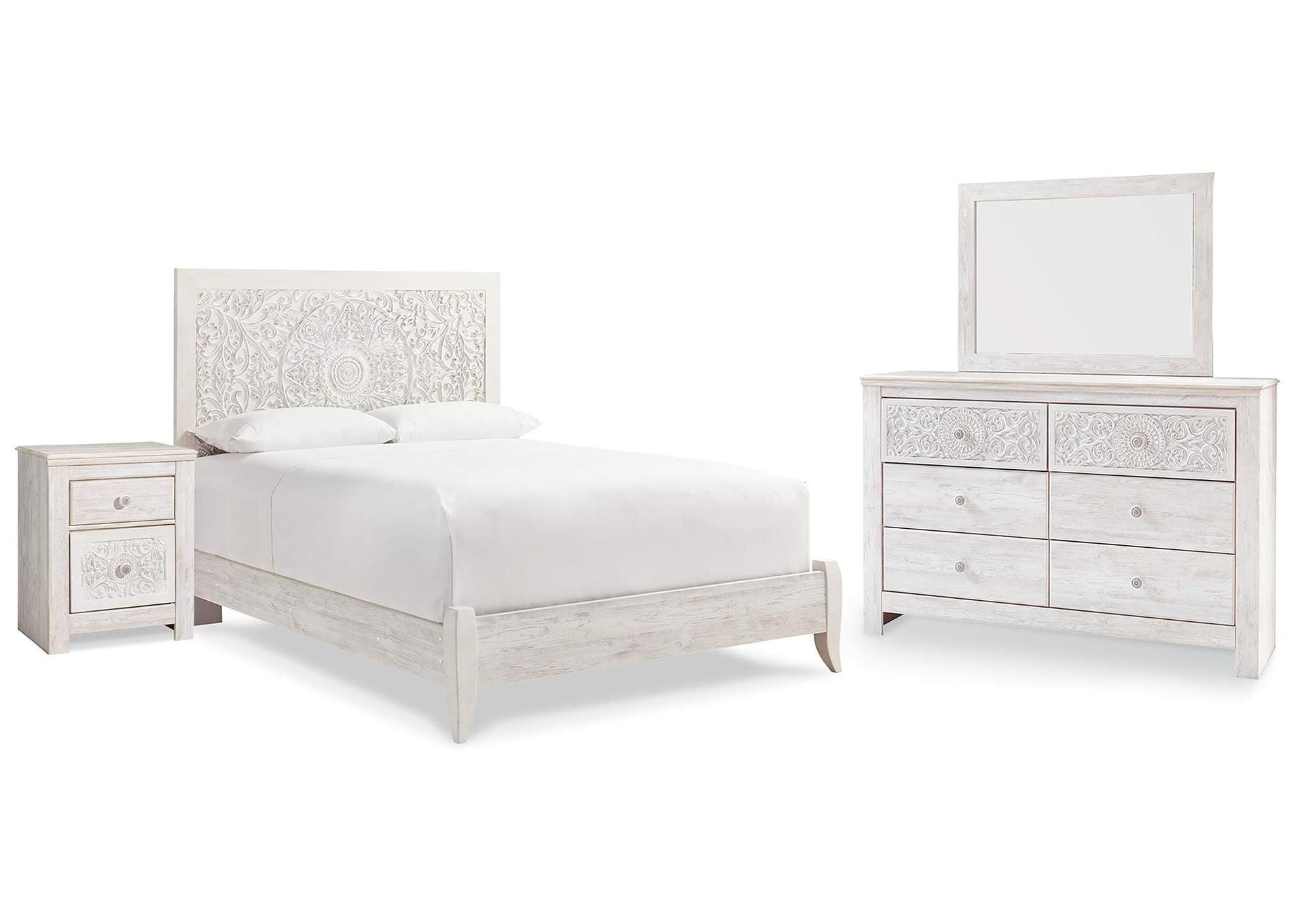 Paxberry Queen Panel Bed with Mirrored Dresser and Nightstand
