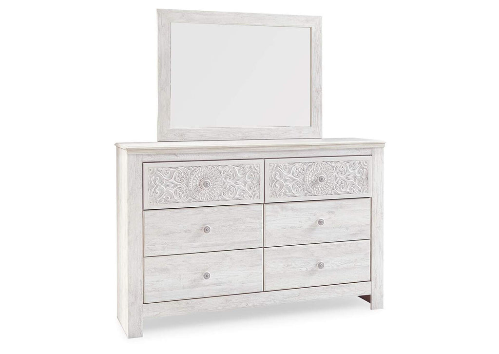 Paxberry Queen Panel Bed with Mirrored Dresser, Chest and 2 Nightstands angled view