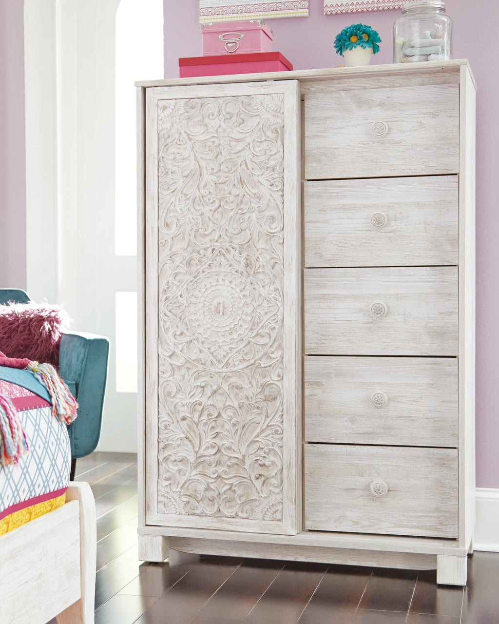 Paxberry Dressing Chest in Whitewash, lifestyle view