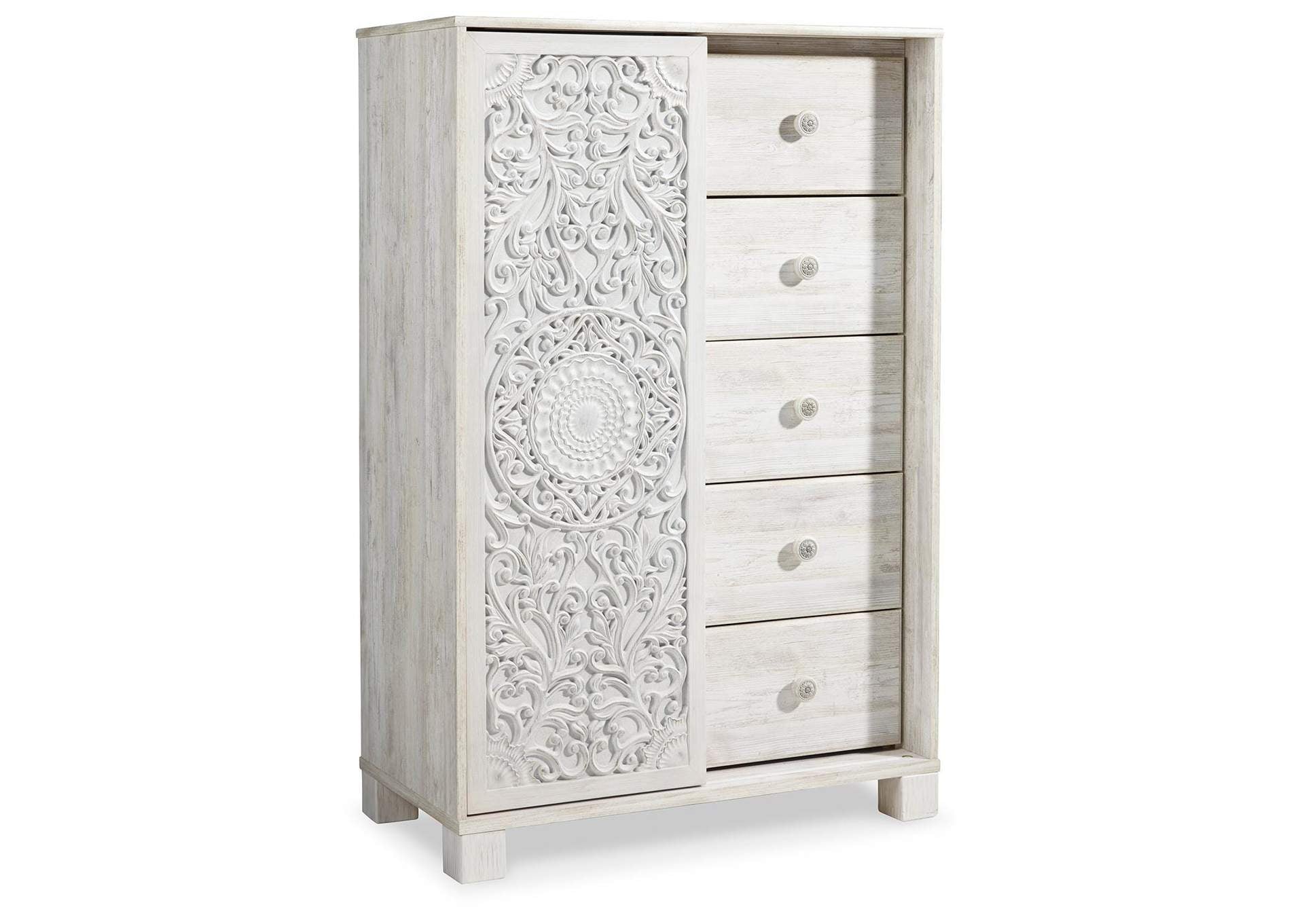Paxberry Queen Panel Bed with Mirrored Dresser, Chest and Nightstand angled view