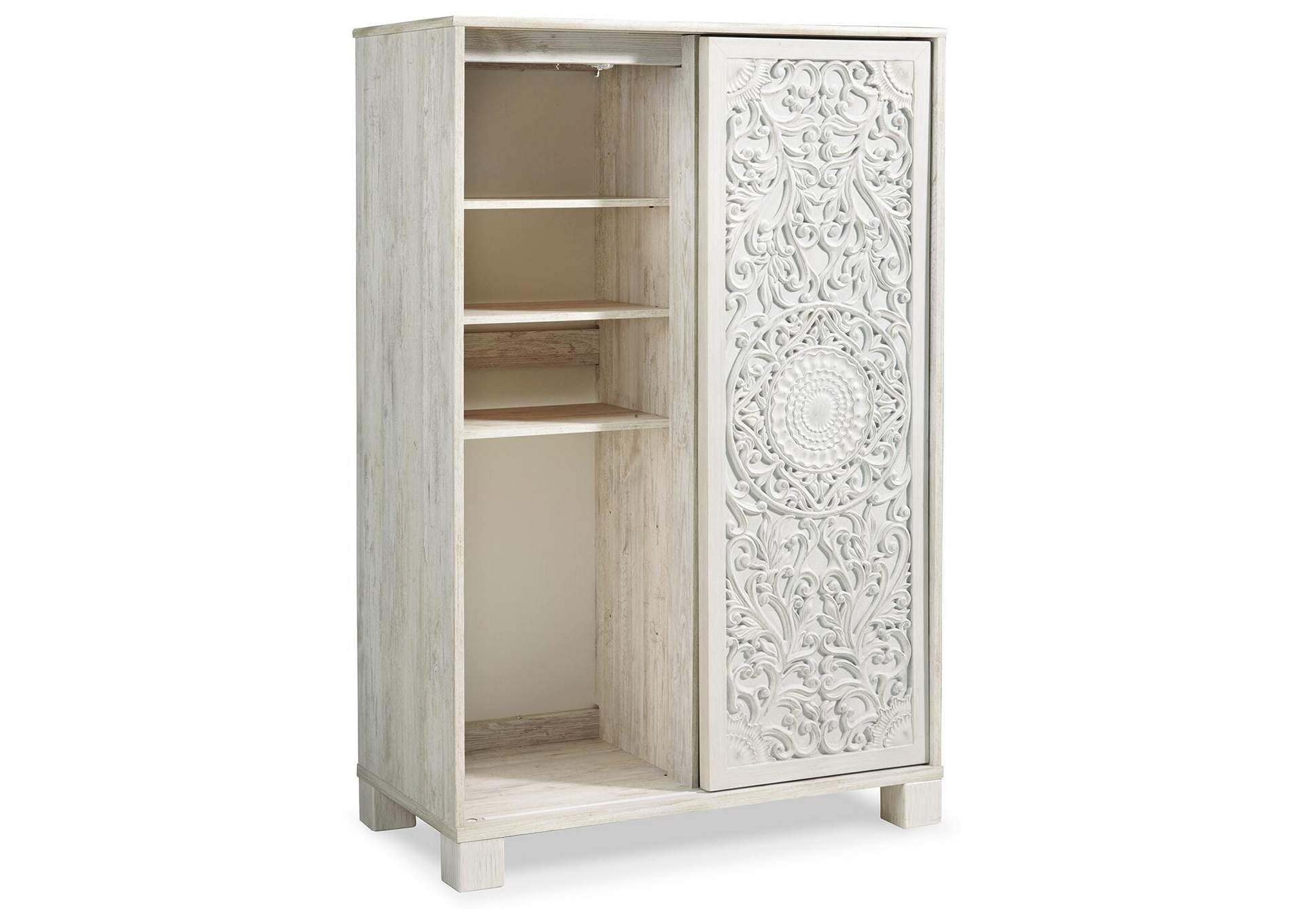 Paxberry Queen Panel Bed with Mirrored Dresser, Chest and 2 Nightstands angled view