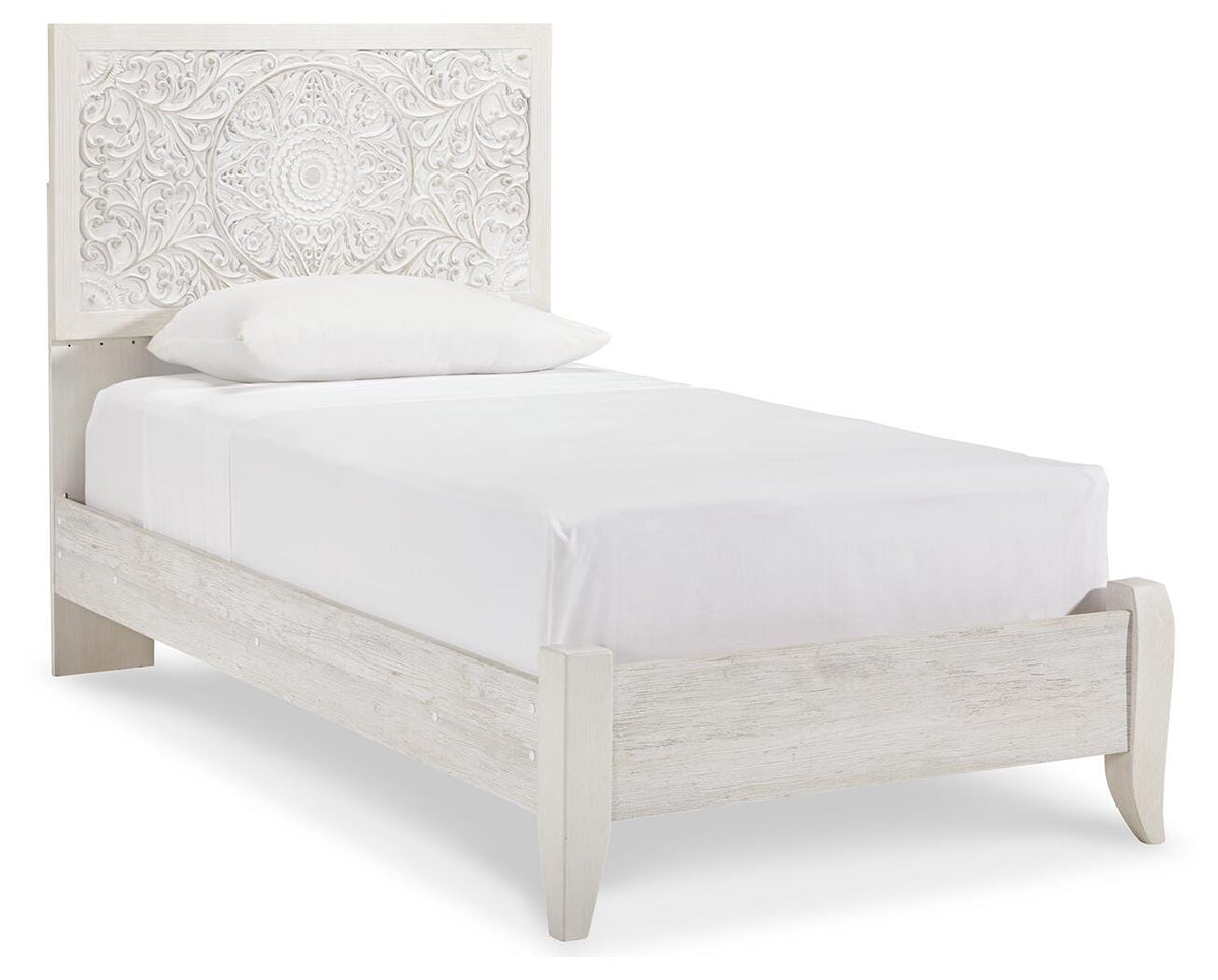 Paxberry Twin Panel Bed in Whitewash, angle view