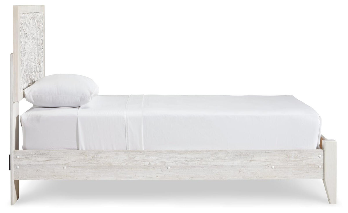 Paxberry Twin Panel Bed in Whitewash, side view