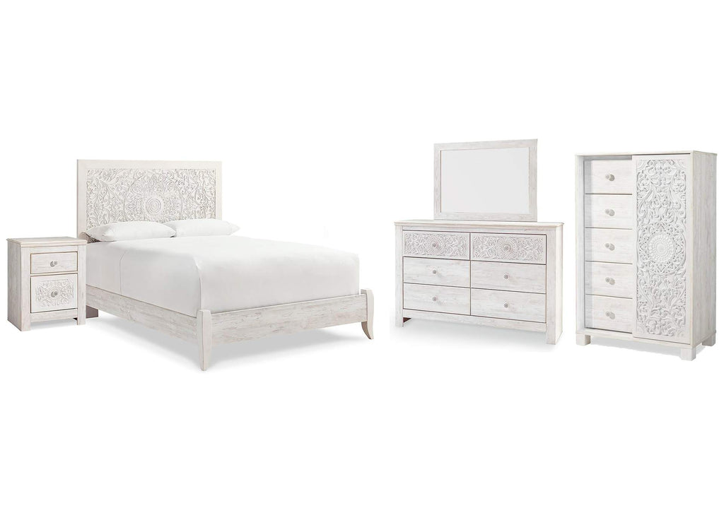 Paxberry Queen Panel Bed with Mirrored Dresser, Chest and Nightstand