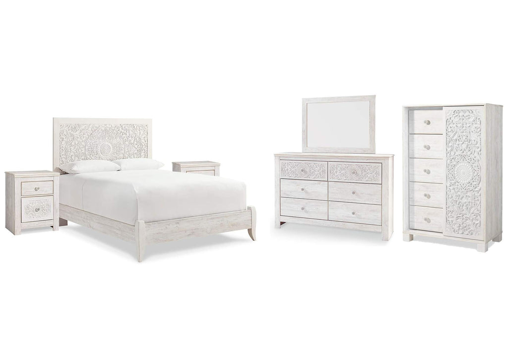 Paxberry Queen Panel Bed with Mirrored Dresser, Chest and 2 Nightstands