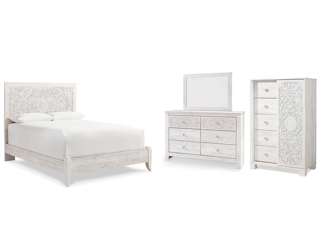 Paxberry Queen Panel Bed with Mirrored Dresser and Chest