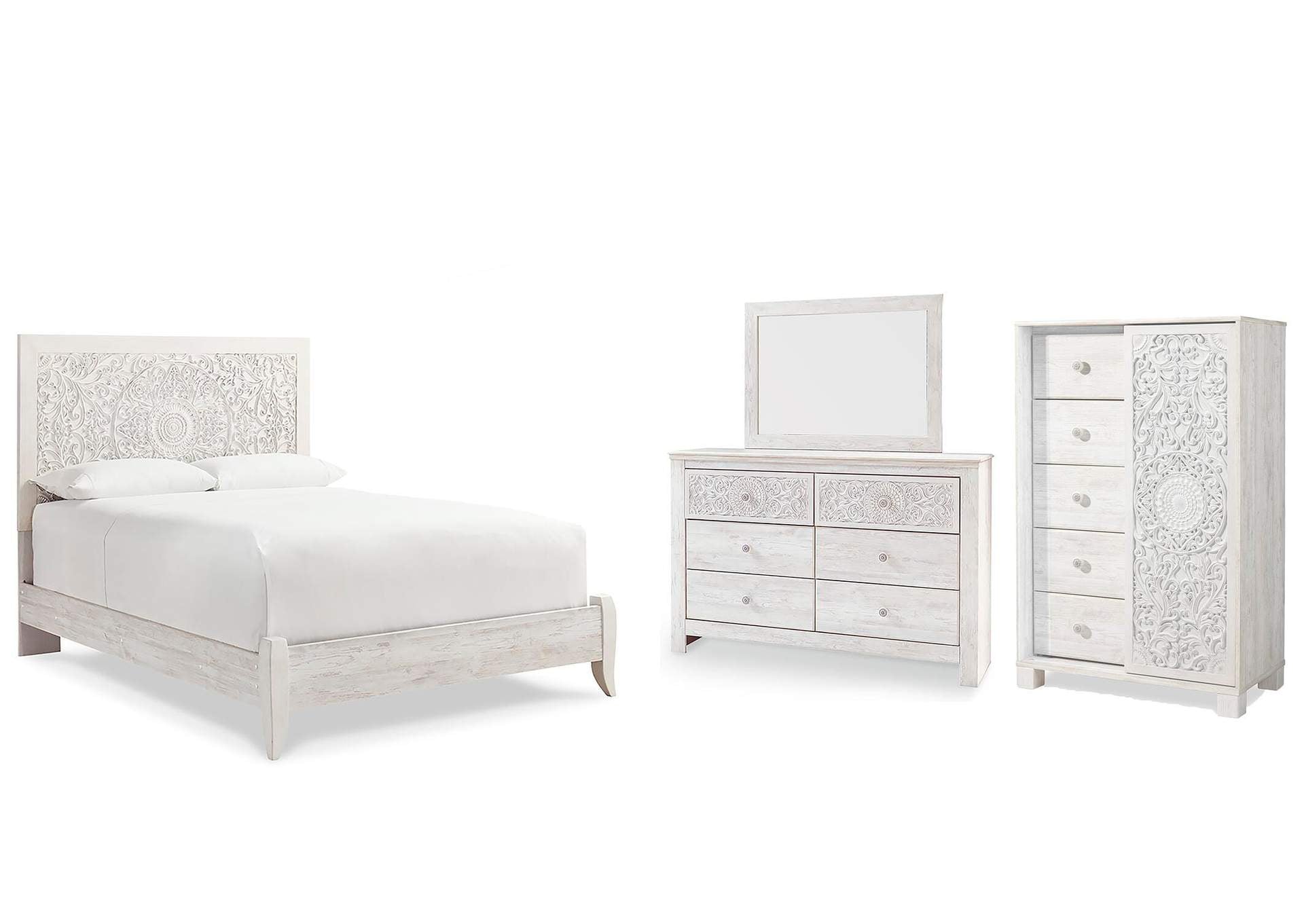 Paxberry Queen Panel Bed with Mirrored Dresser and Chest