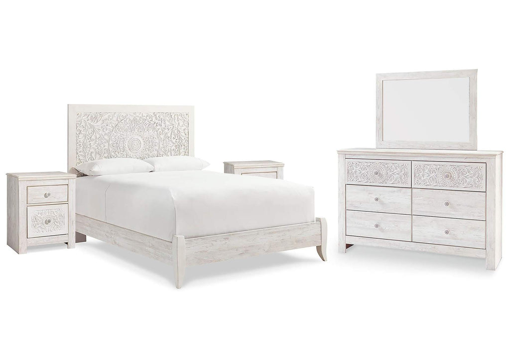 Paxberry Queen Panel Bed with Mirrored Dresser and 2 Nightstands