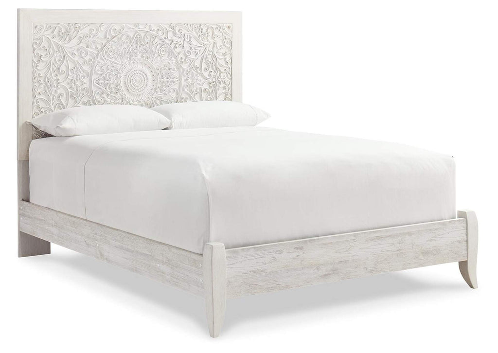 Paxberry Queen Panel Bed with Mirrored Dresser, Chest and 2 Nightstands angled view
