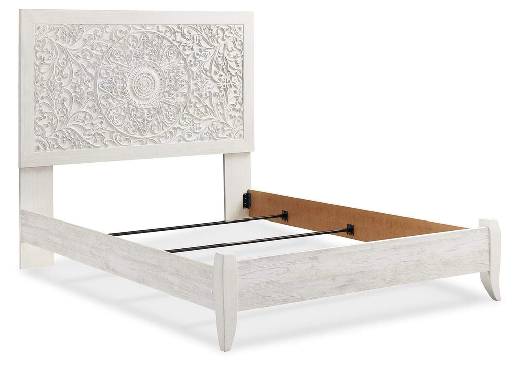 Paxberry Queen Panel Bed with Mirrored Dresser, Chest and Nightstand angled view