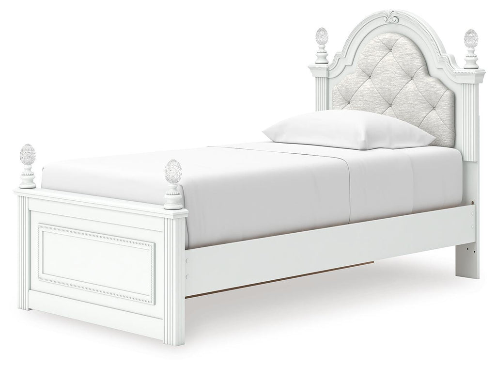 Kozlani Twin Upholstered Panel Storage Bed in White, angle view