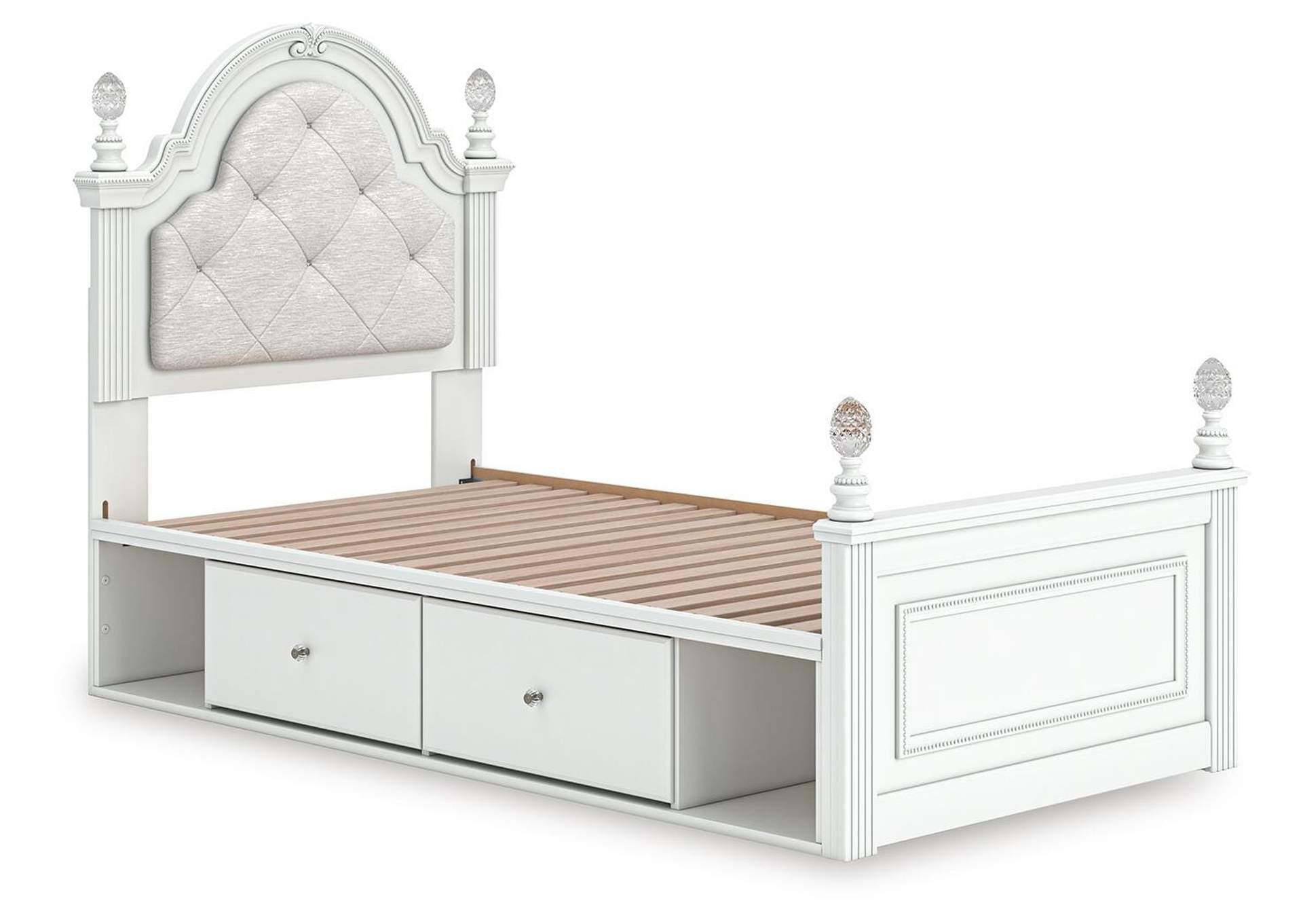 Maylilly Twin Upholstered Panel Storage Bed, Dresser, Mirror and Nightstand angled view