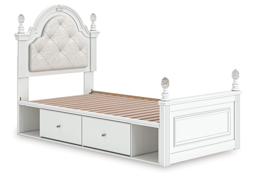 Maylilly Twin Upholstered Panel Storage Bed, Dresser and Nightstand angled view