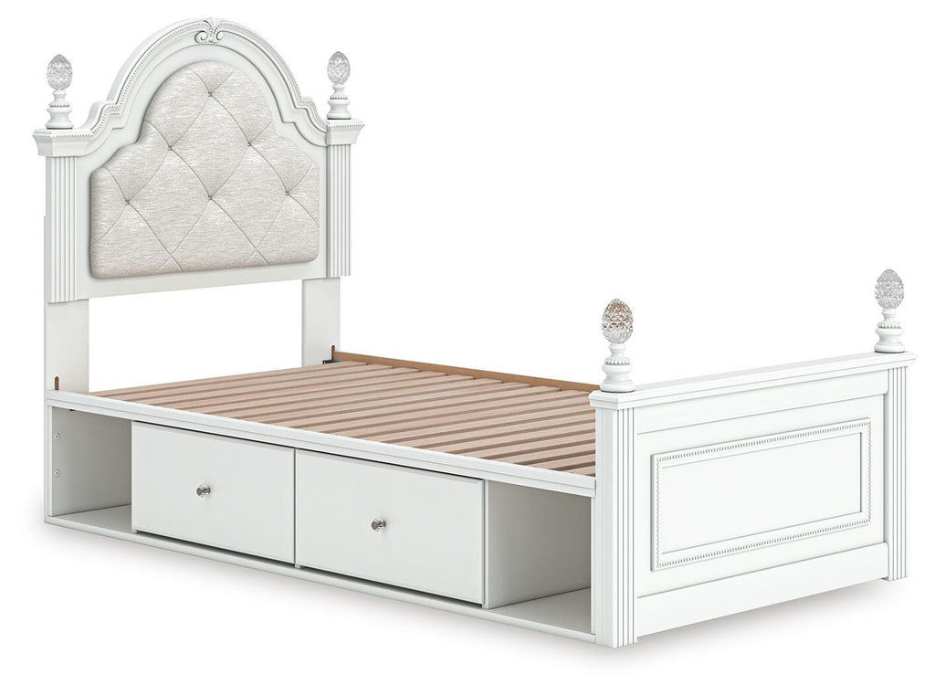 Kozlani Twin Upholstered Panel Bed with Storage in White, angle view