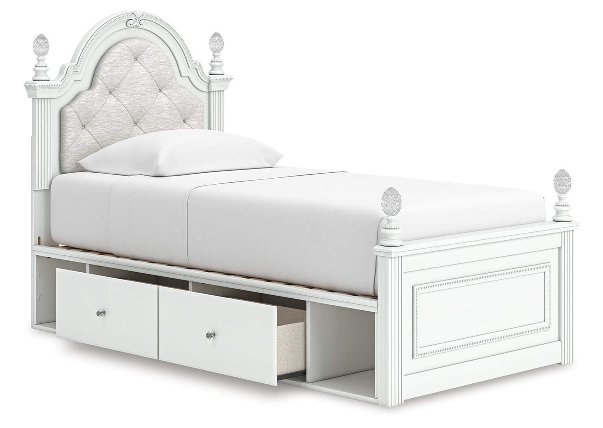 Maylilly Twin Upholstered Panel Storage Bed and Dresser angled view