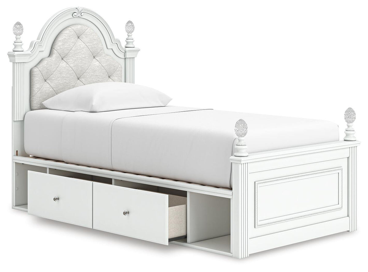 Kozlani Twin Upholstered Panel Storage Bed in White, open view