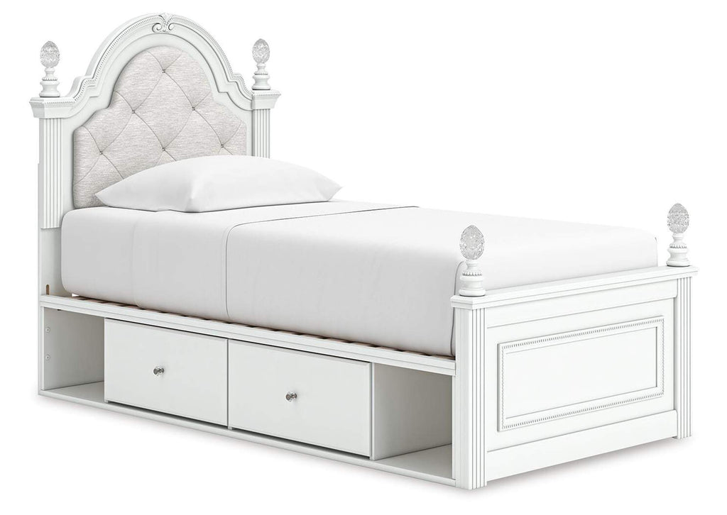 Maylilly Twin Upholstered Panel Storage Bed, Dresser and Nightstand angled view