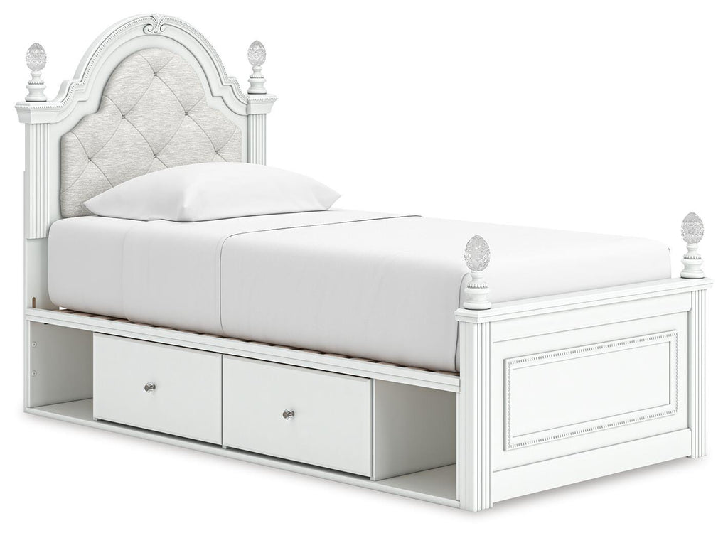 Kozlani Twin Upholstered Panel Bed with Storage in White, angle view