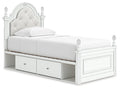 Kozlani Twin Upholstered Panel Bed with Storage in White, angle view