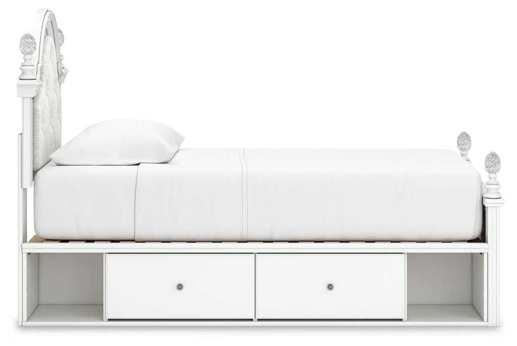 Kozlani Twin Upholstered Panel Bed with Storage in White, side view