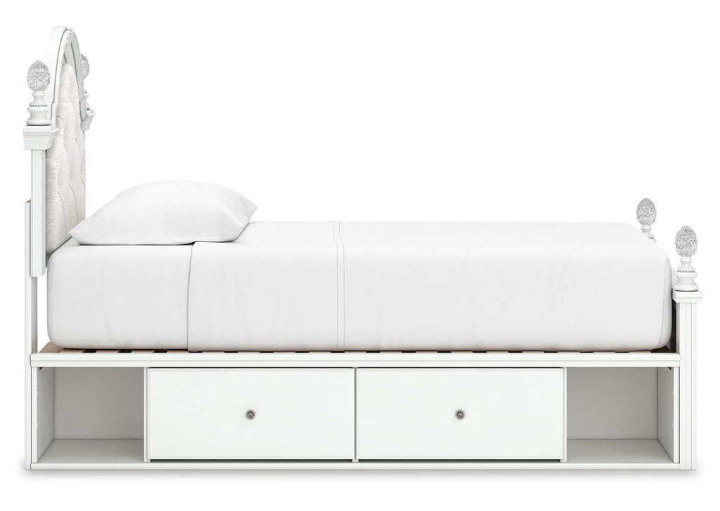 Maylilly Twin Upholstered Panel Storage Bed, Dresser, Mirror and Nightstand side view