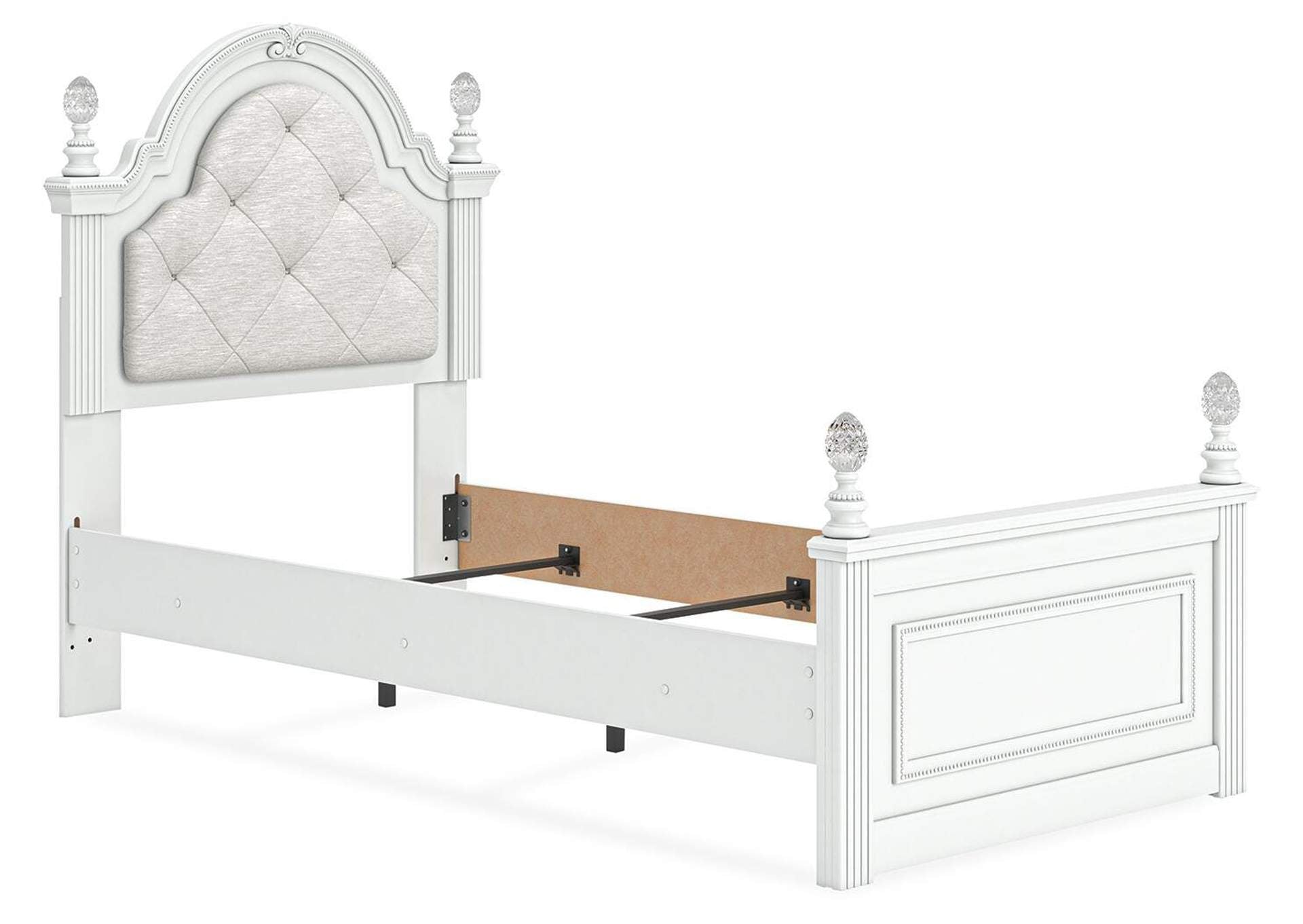 Maylilly Twin Upholstered Panel Bed, Dresser and Nightstand angled view