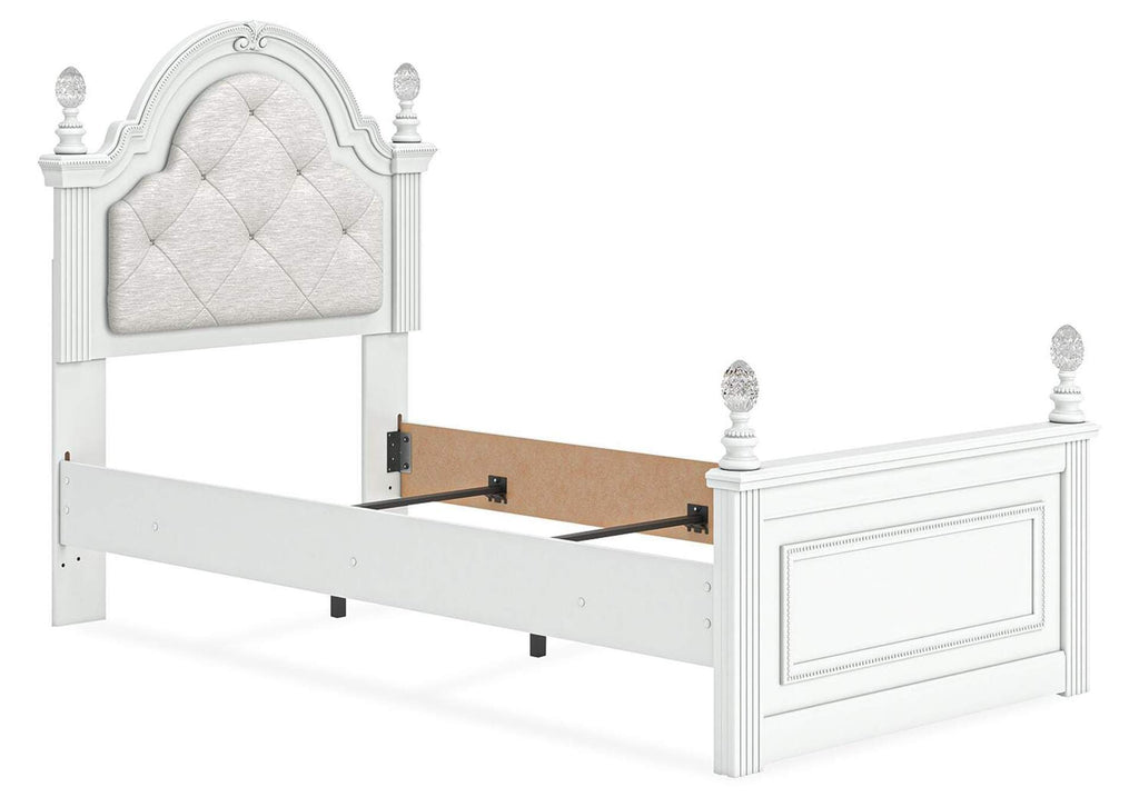 Maylilly Twin Upholstered Panel Bed, Dresser and Chest angled view