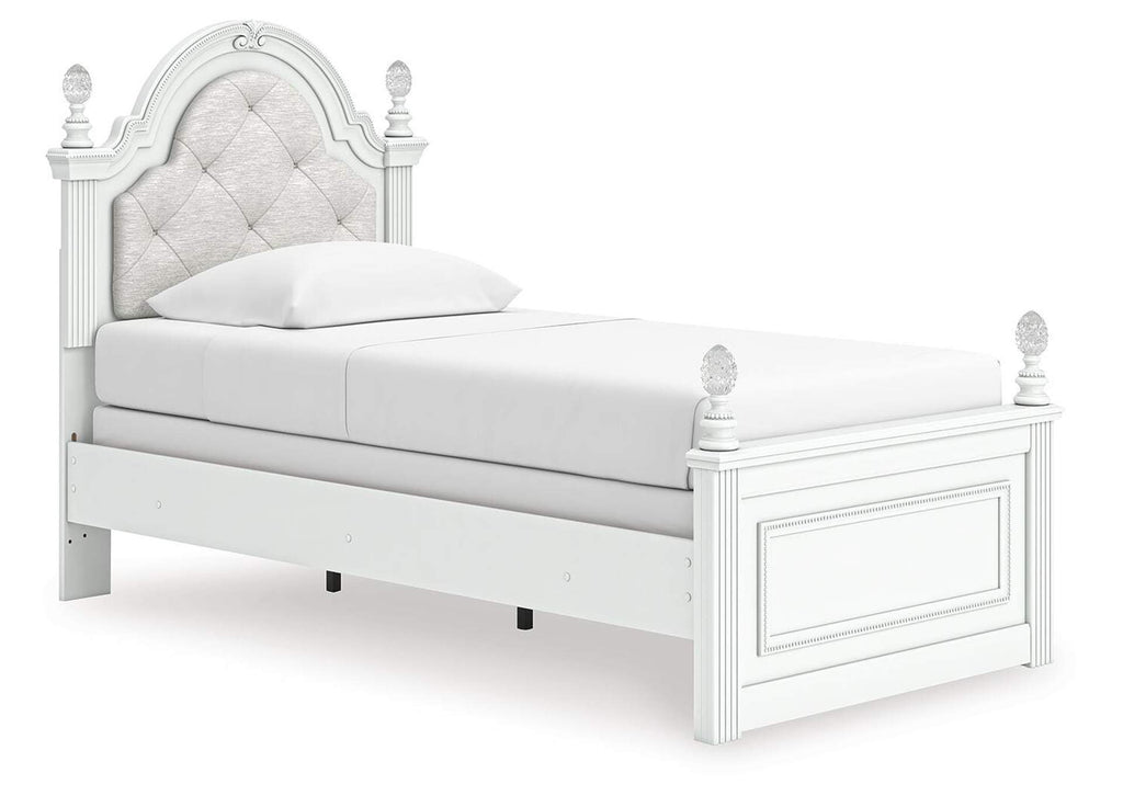 Maylilly Twin Upholstered Panel Bed, Dresser and Nightstand angled view
