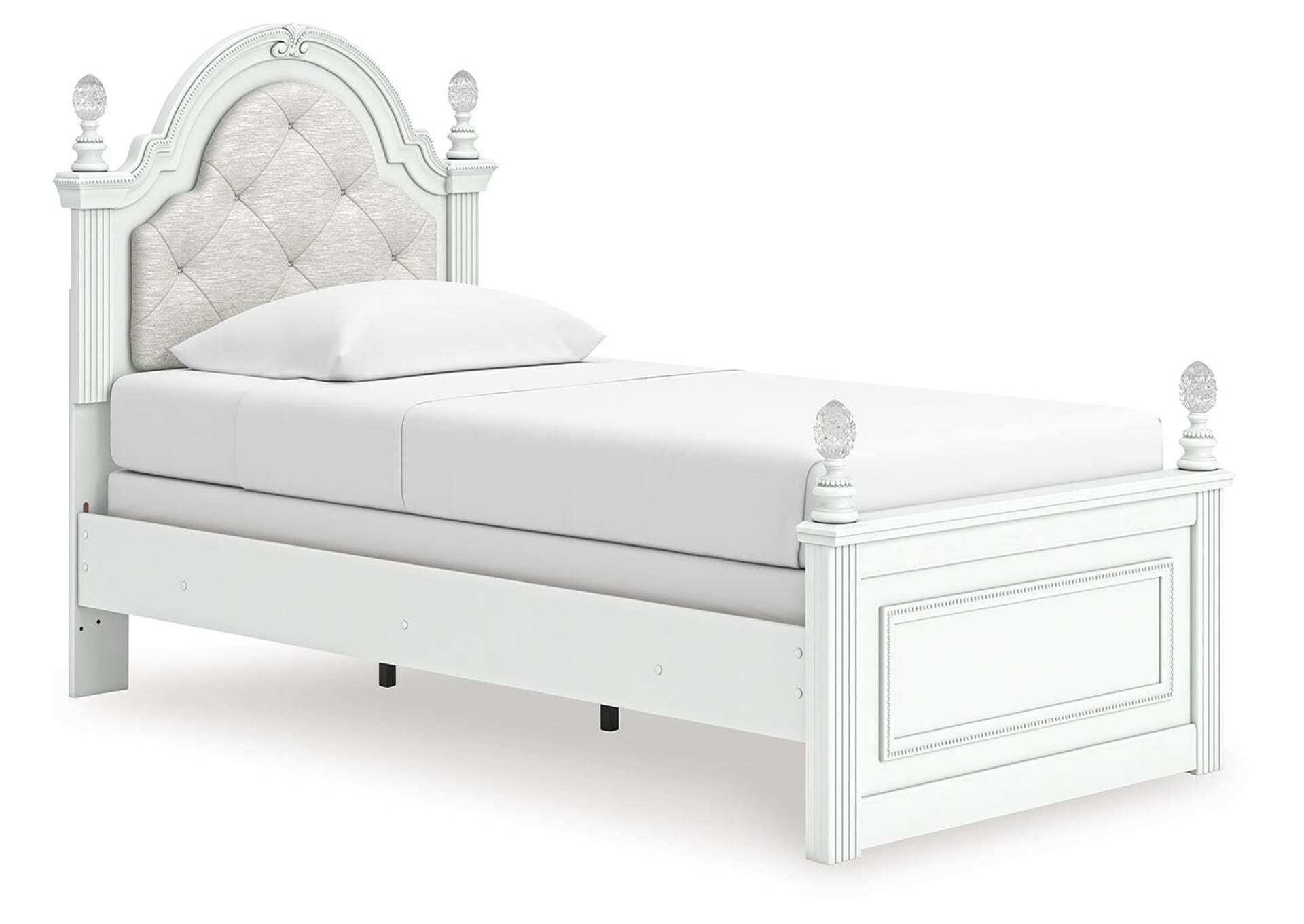Maylilly Twin Upholstered Panel Bed, Dresser and Nightstand angled view