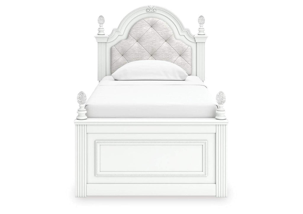 Maylilly Twin Upholstered Panel Bed, Dresser and Chest front view