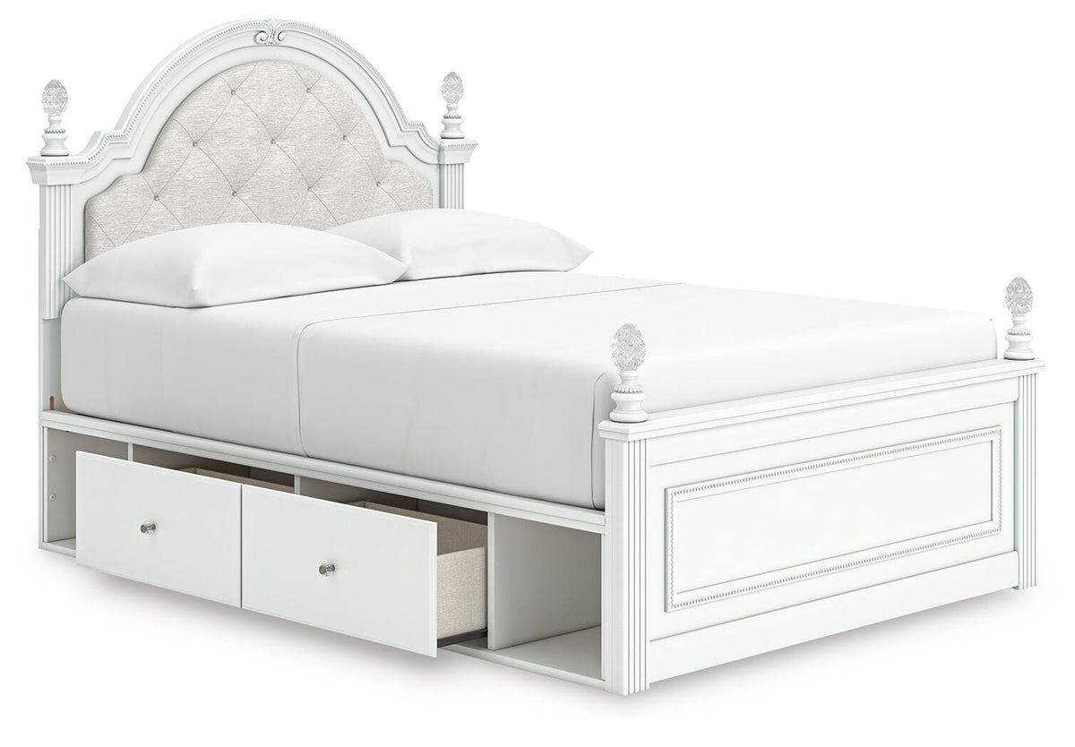 Kozlani Full Upholstered Panel Storage Bed in White, open view