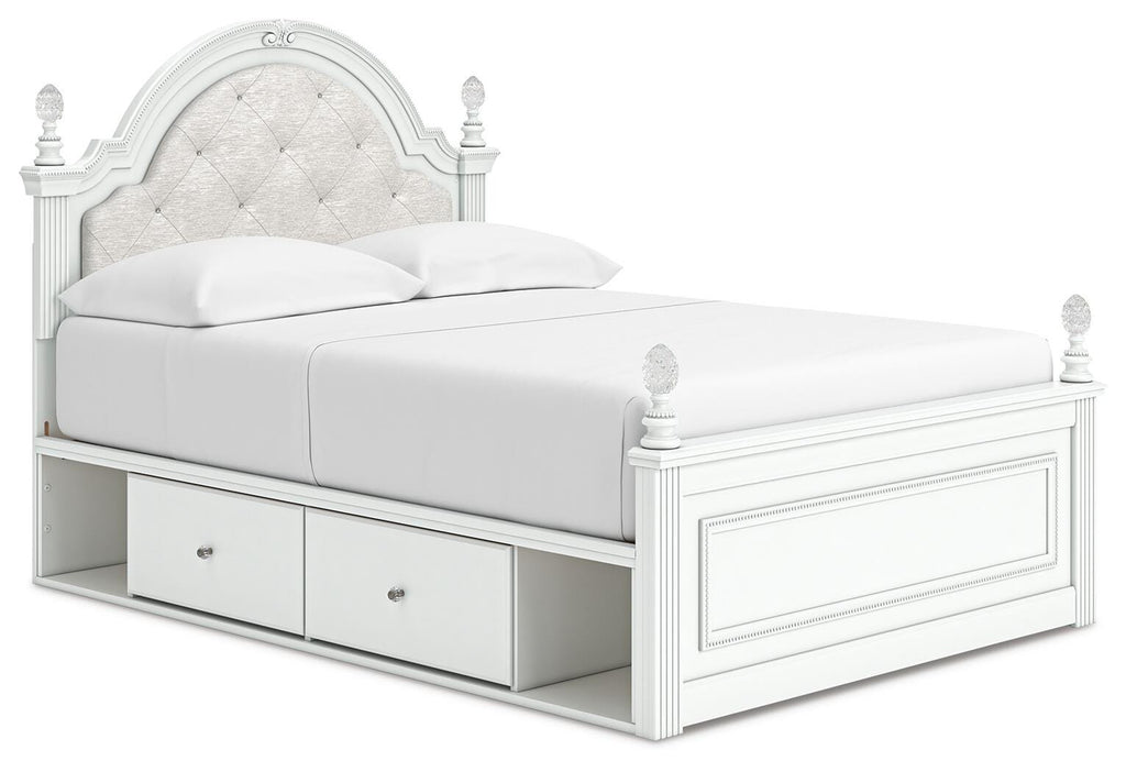 Kozlani Full Upholstered Panel Bed with Storage in White, angle view