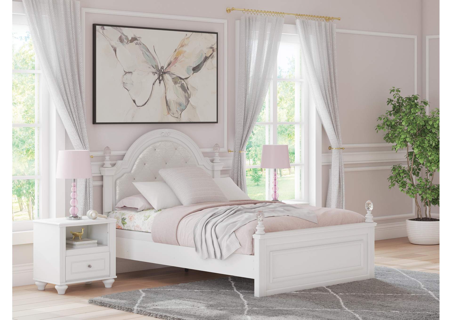 Maylilly Full Upholstered Panel Bed, Dresser, Mirror and Nightstand