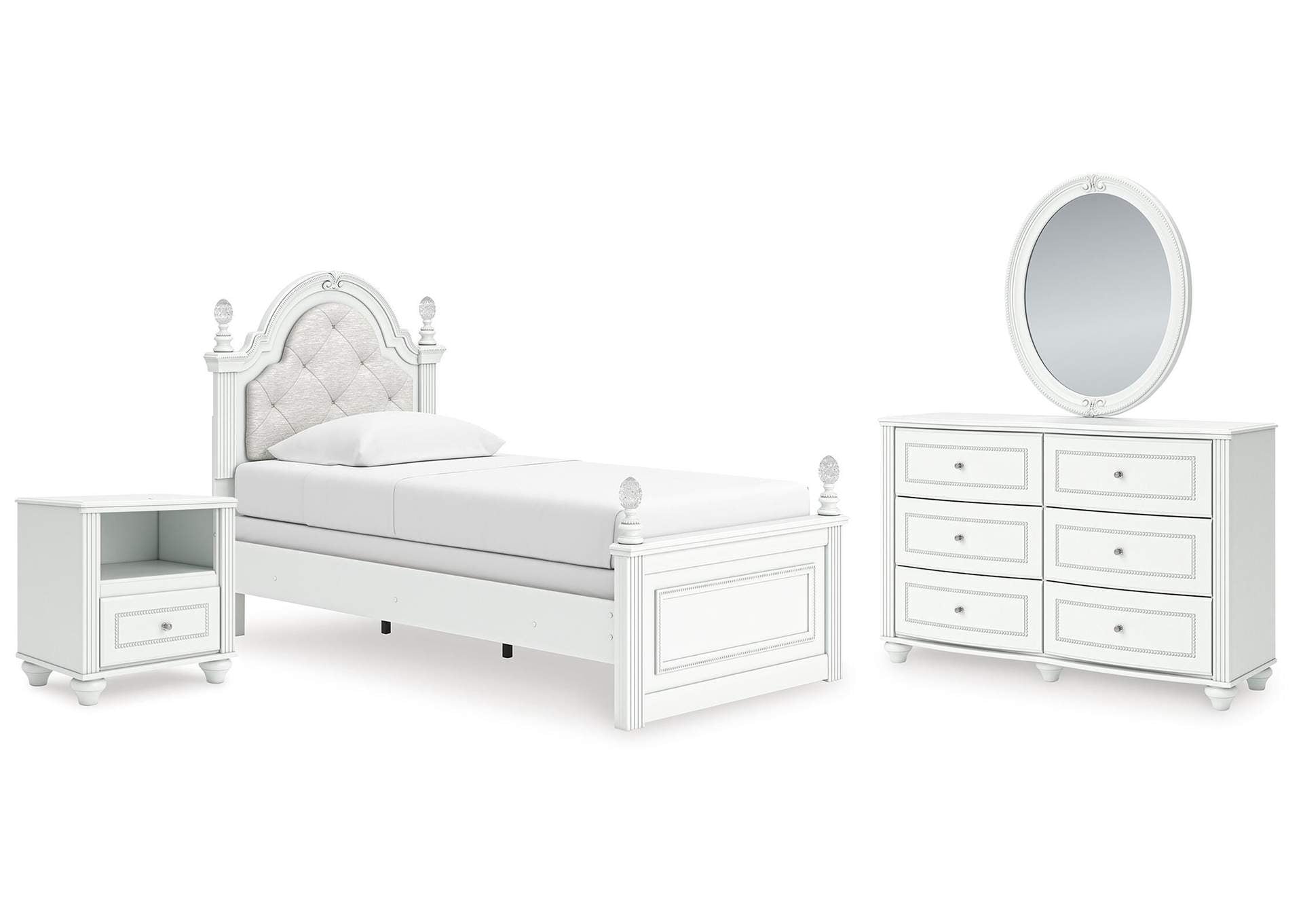 Maylilly Twin Upholstered Panel Bed, Dresser, Mirror and Nightstand