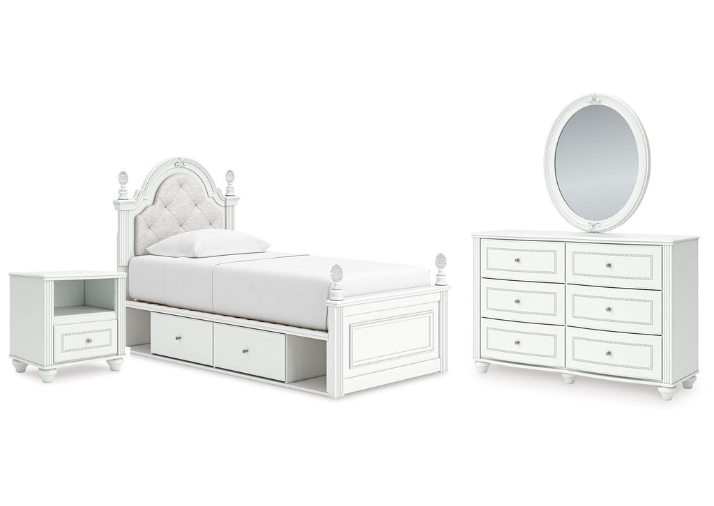 Maylilly Twin Upholstered Panel Storage Bed, Dresser, Mirror and Nightstand
