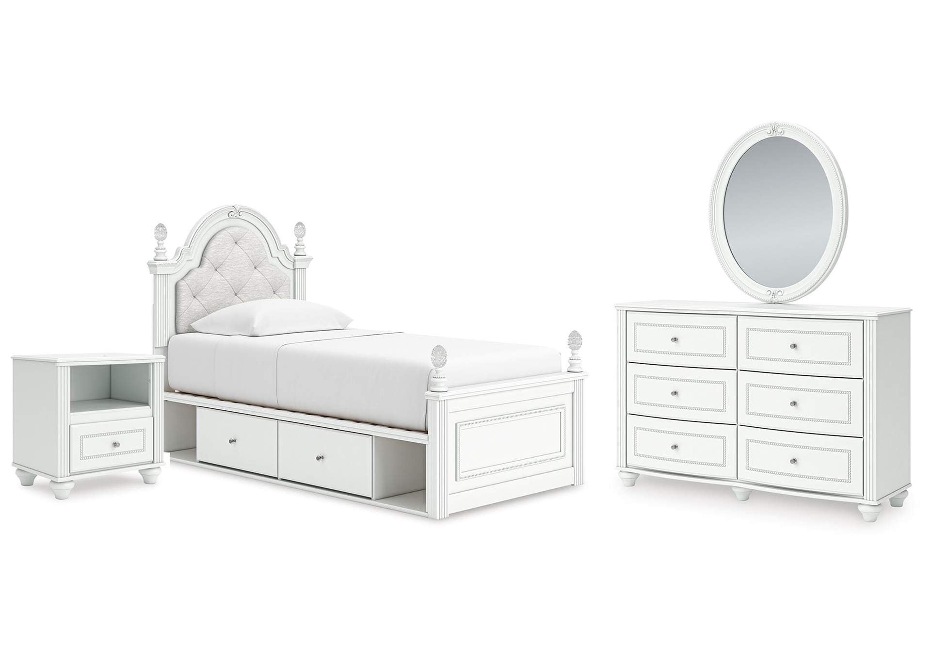 Maylilly Twin Upholstered Panel Storage Bed, Dresser, Mirror and Nightstand