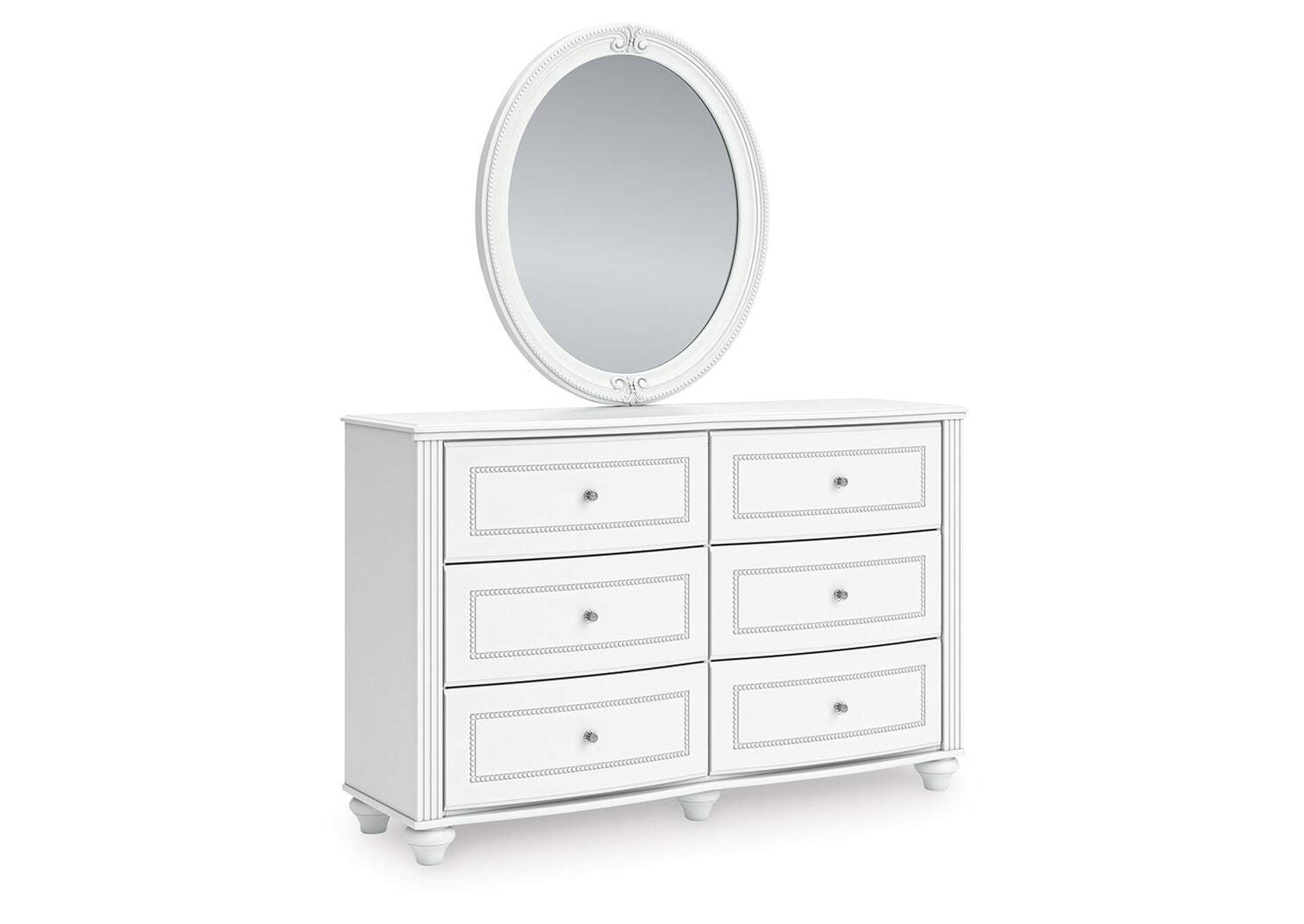 Maylilly Twin Upholstered Panel Bed, Dresser, Mirror and Nightstand angled view