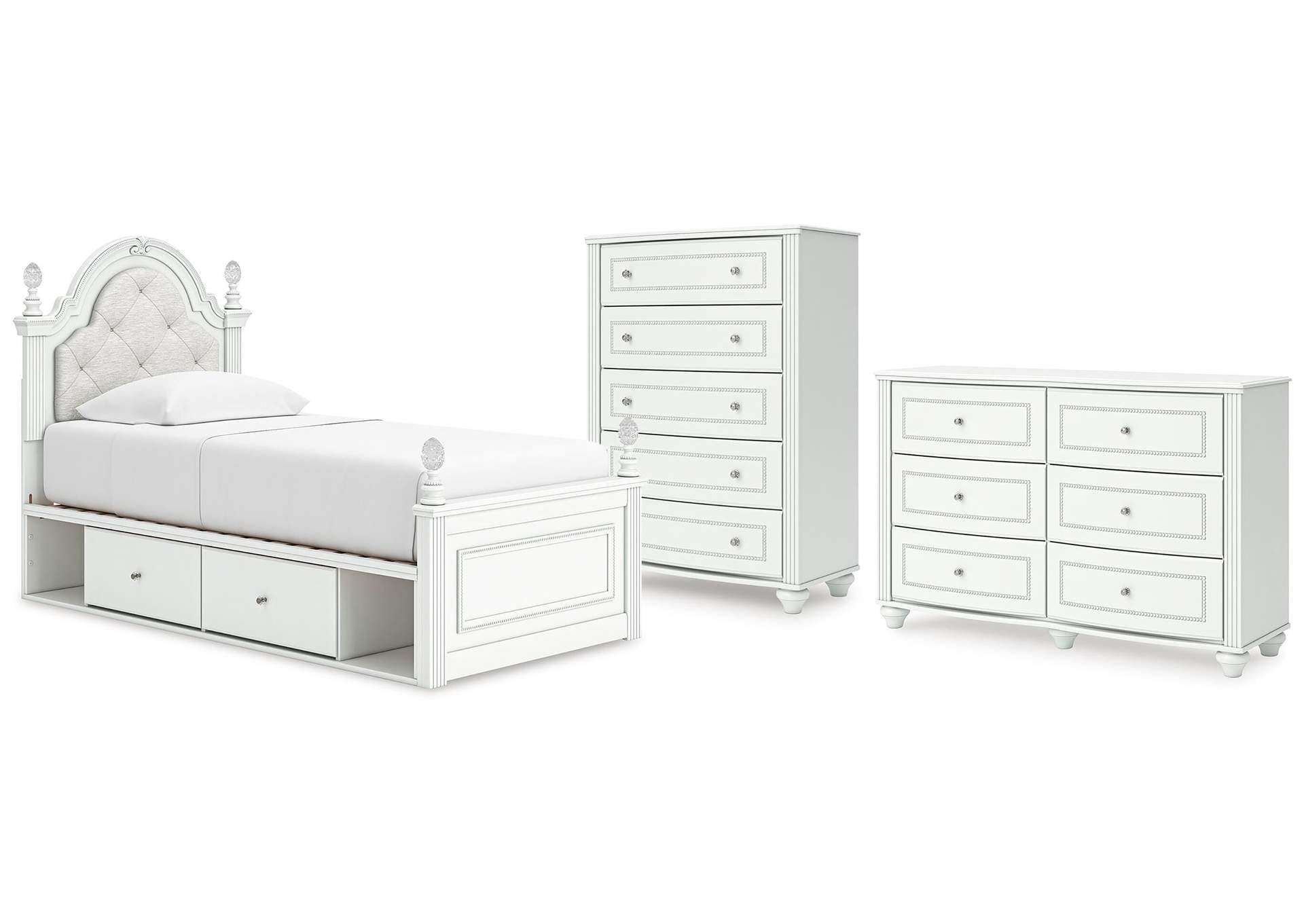 Maylilly Twin Upholstered Panel Storage Bed, Dresser and Chest
