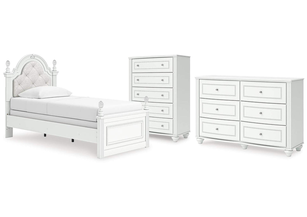 Maylilly Twin Upholstered Panel Bed, Dresser and Chest