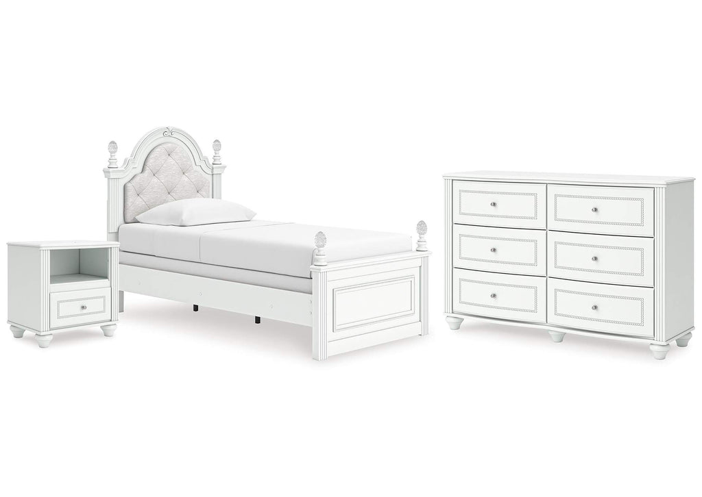 Maylilly Twin Upholstered Panel Bed, Dresser and Nightstand
