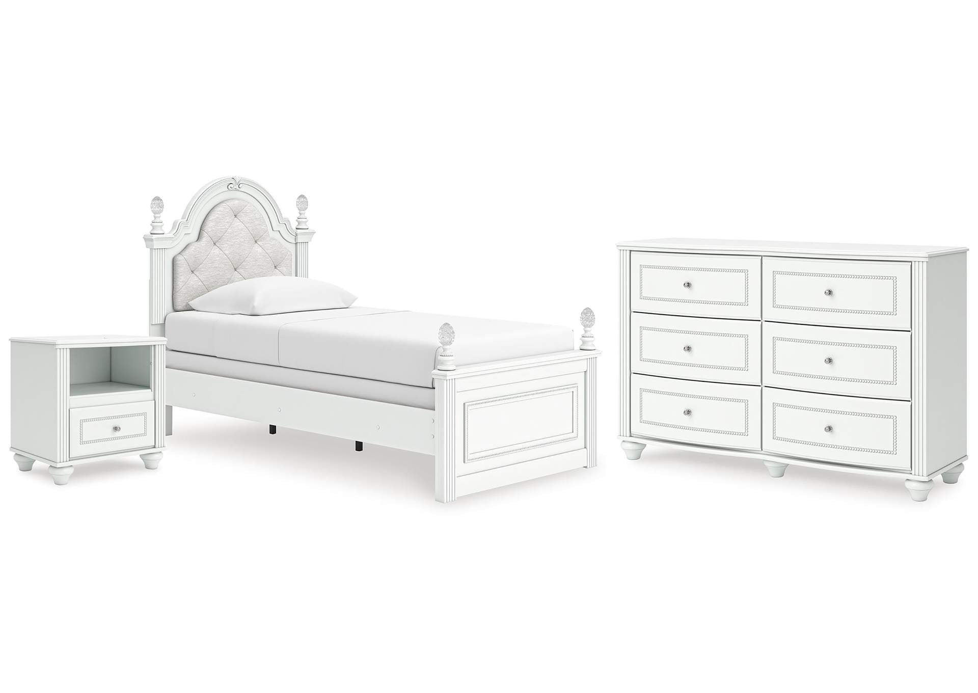 Maylilly Twin Upholstered Panel Bed, Dresser and Nightstand