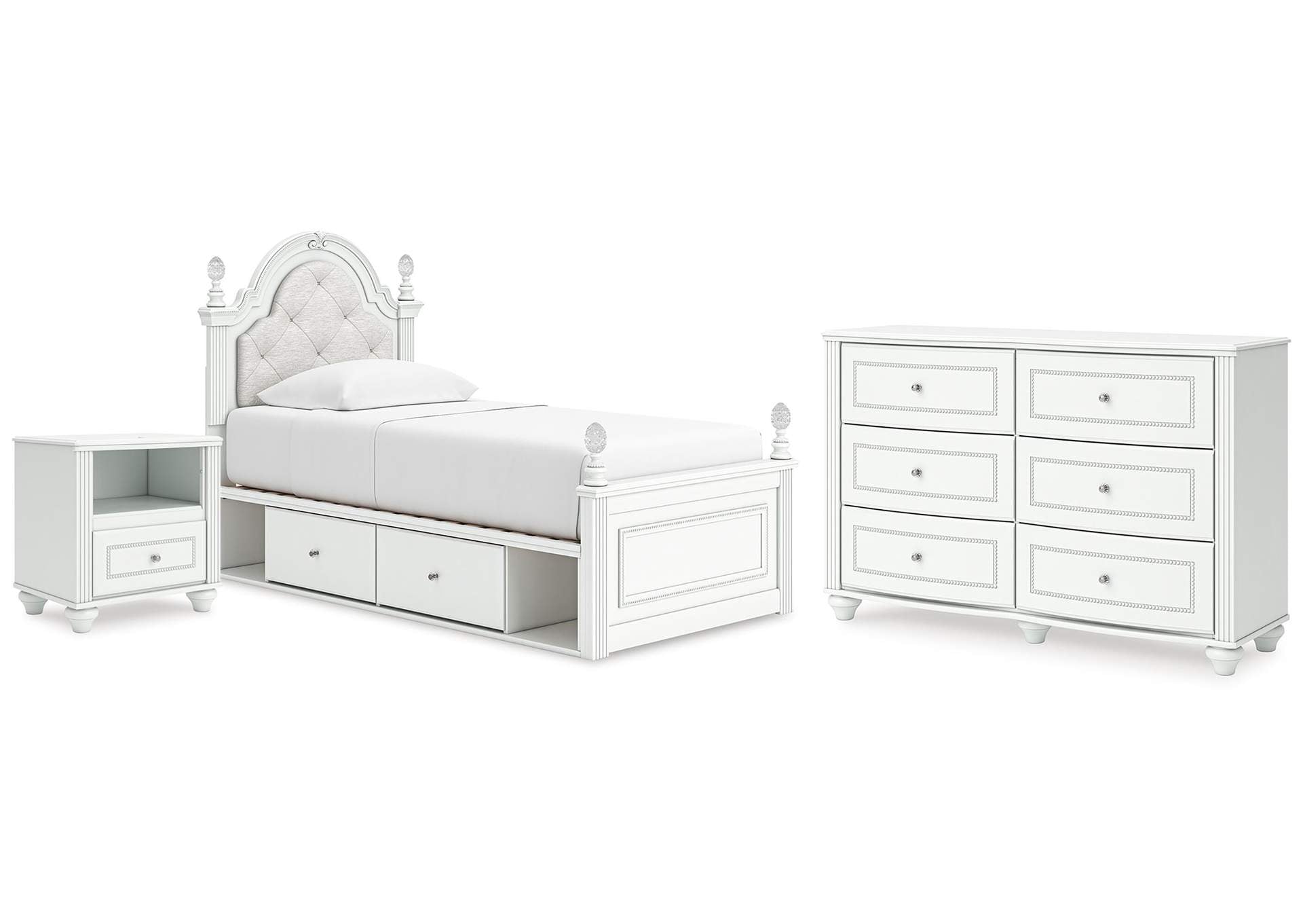 Maylilly Twin Upholstered Panel Storage Bed, Dresser and Nightstand