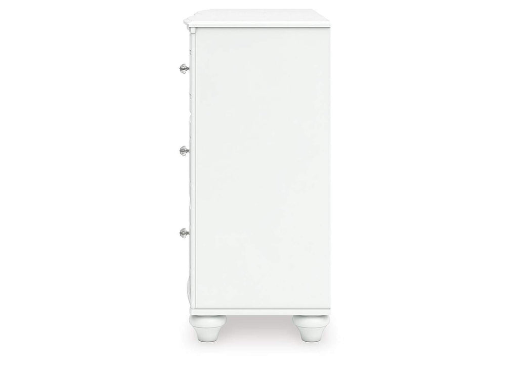 Maylilly Full Upholstered Panel Bed, Dresser and Nightstand side view